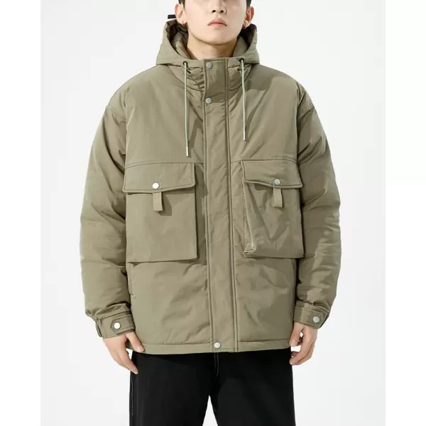 chouyatou Mens Outdoor Hooded Down Puffer Jacket Casual Big Pocket Parka Winter JacketsGreen