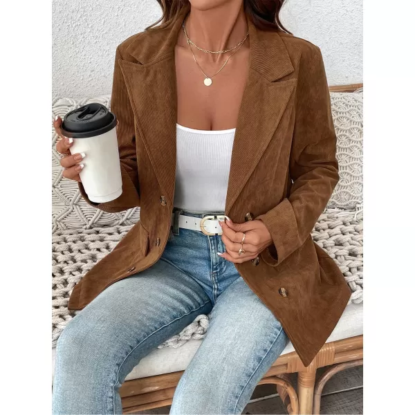 chouyatou Womens Casual Corduroy Blazer Jacket Elegant Notched Lapel Single Breasted Suit Jacket TopBrown