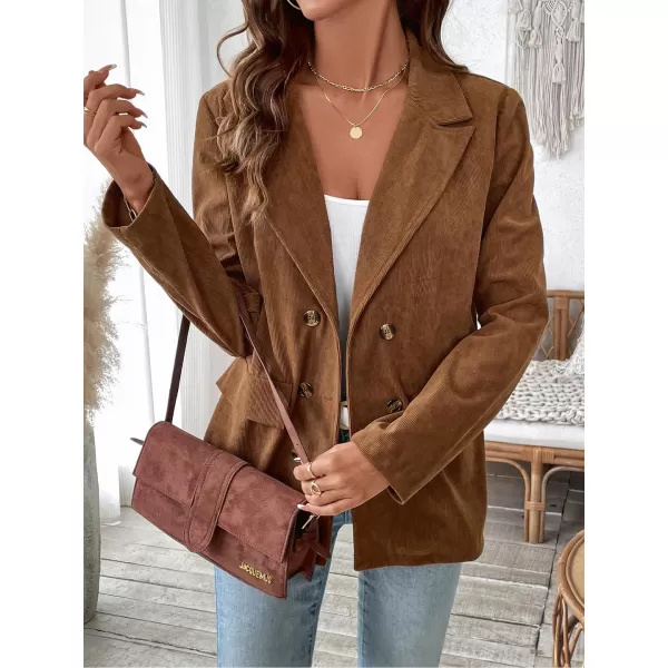 chouyatou Womens Casual Corduroy Blazer Jacket Elegant Notched Lapel Single Breasted Suit Jacket TopBrown