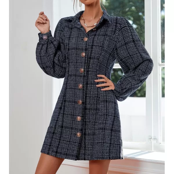 chouyatou Womens Elegant Casual Business Tweed Plaid Blazer Suit Dress Lantern Sleeve Office Mini DressDark Blue