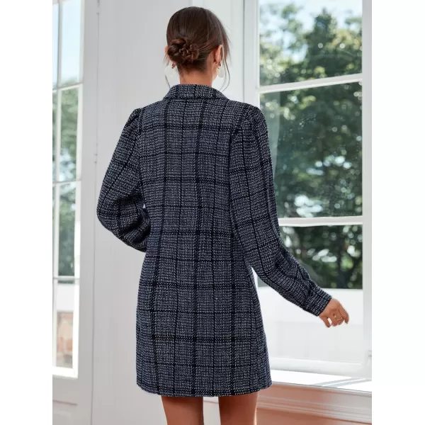 chouyatou Womens Elegant Casual Business Tweed Plaid Blazer Suit Dress Lantern Sleeve Office Mini DressDark Blue