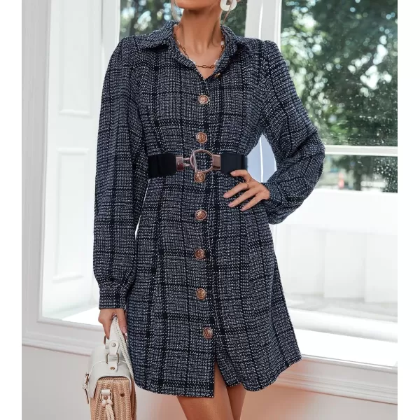 chouyatou Womens Elegant Casual Business Tweed Plaid Blazer Suit Dress Lantern Sleeve Office Mini DressDark Blue