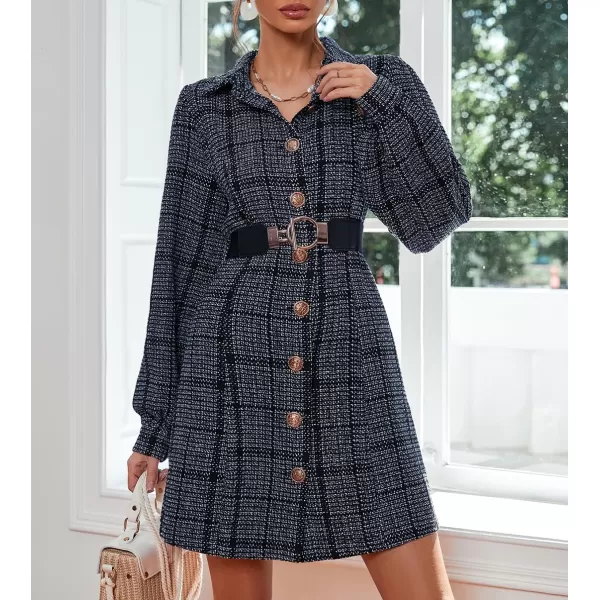 chouyatou Womens Elegant Casual Business Tweed Plaid Blazer Suit Dress Lantern Sleeve Office Mini DressDark Blue