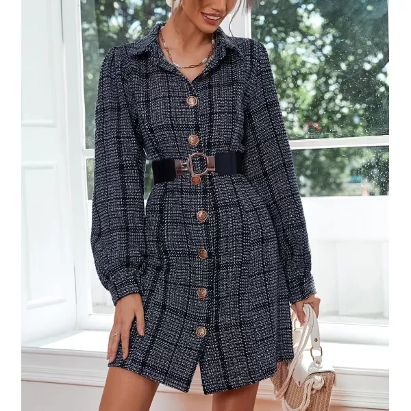chouyatou Womens Elegant Casual Business Tweed Plaid Blazer Suit Dress Lantern Sleeve Office Mini DressDark Blue