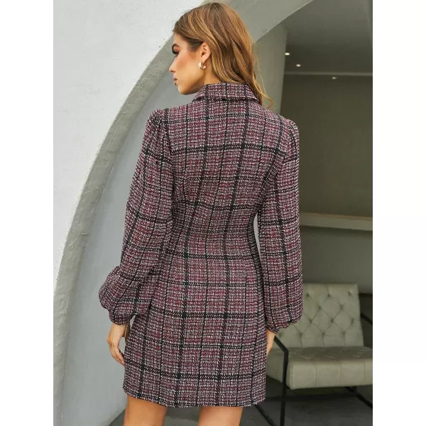 chouyatou Womens Elegant Casual Business Tweed Plaid Blazer Suit Dress Lantern Sleeve Office Mini DressRed