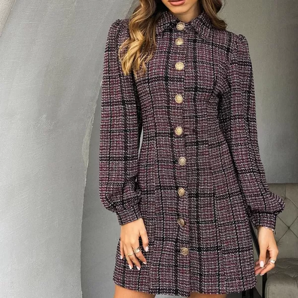 chouyatou Womens Elegant Casual Business Tweed Plaid Blazer Suit Dress Lantern Sleeve Office Mini DressRed