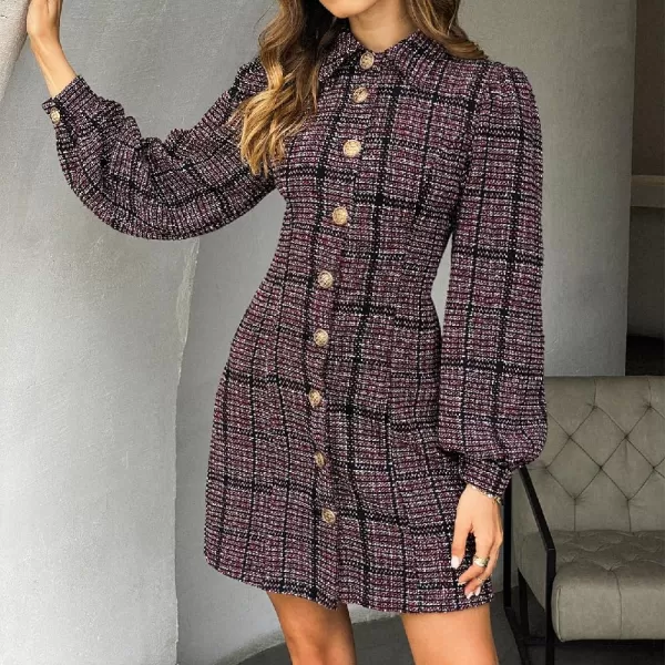 chouyatou Womens Elegant Casual Business Tweed Plaid Blazer Suit Dress Lantern Sleeve Office Mini DressRed
