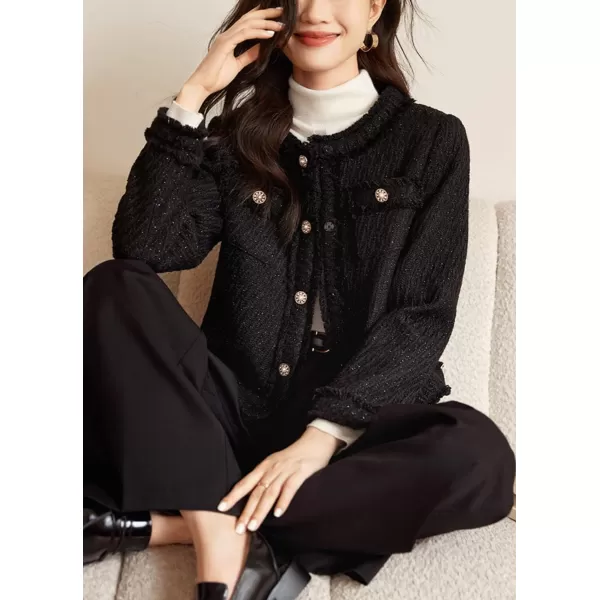 chouyatou Womens Fall Business Casual Tweed Jacket Button Down Slim Fit Office Work Blazer CoatBlack