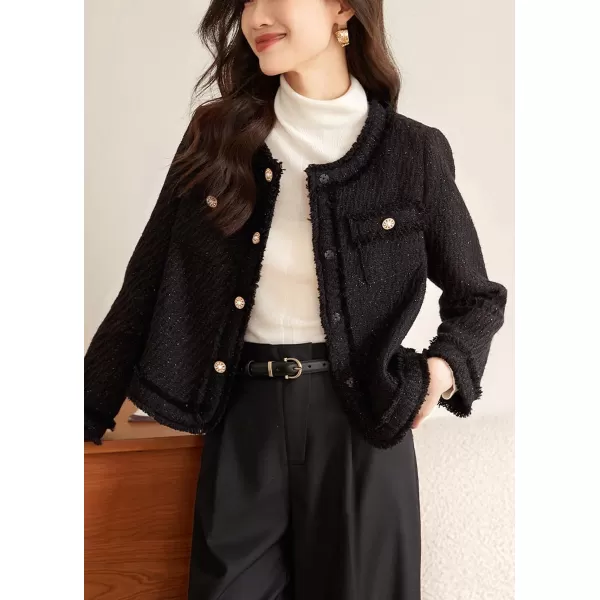 chouyatou Womens Fall Business Casual Tweed Jacket Button Down Slim Fit Office Work Blazer CoatBlack