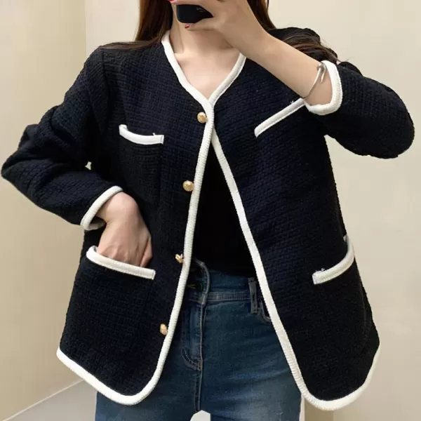 chouyatou Womens Fall Elegant Business Casual Tweed Blazer Jacket Dressy Collarless Open Front Suit TopBlack