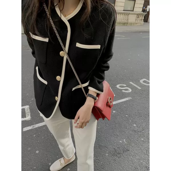 chouyatou Womens Fall Elegant Business Casual Tweed Blazer Jacket Dressy Collarless Open Front Suit TopBlack