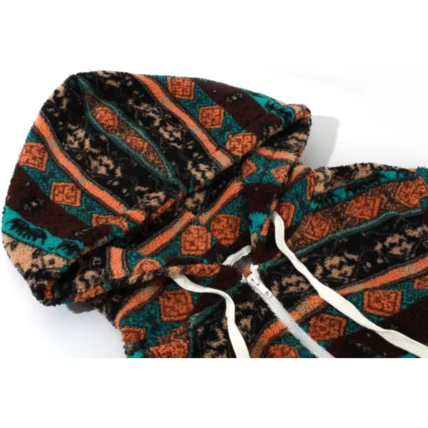 chouyatou Womens Warm Half Zip Tribal Aztec Printed Hooded Fuzzy Fleece Hoodie SweatshirtBrown