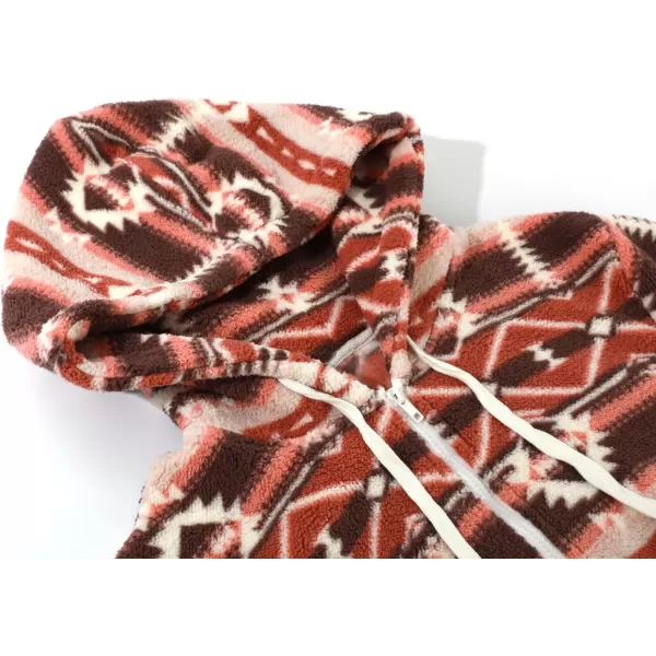 chouyatou Womens Warm Half Zip Tribal Aztec Printed Hooded Fuzzy Fleece Hoodie SweatshirtWine Red