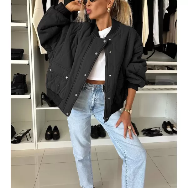 chouyatou Womens Winter Oversized Quilted Bomber Jacket Boyfriend Padded Puffer Jacket Down CoatBlack