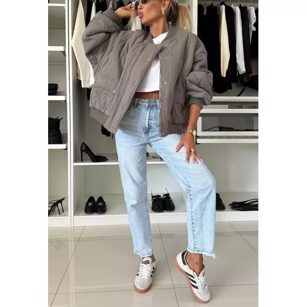 chouyatou Womens Winter Oversized Quilted Bomber Jacket Boyfriend Padded Puffer Jacket Down CoatGrey