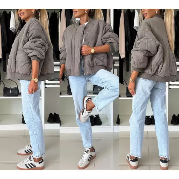 chouyatou Womens Winter Oversized Quilted Bomber Jacket Boyfriend Padded Puffer Jacket Down CoatGrey