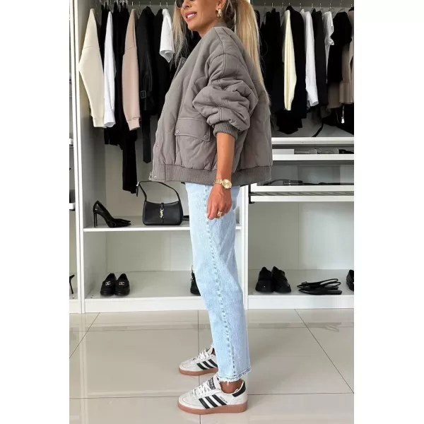 chouyatou Womens Winter Oversized Quilted Bomber Jacket Boyfriend Padded Puffer Jacket Down CoatGrey