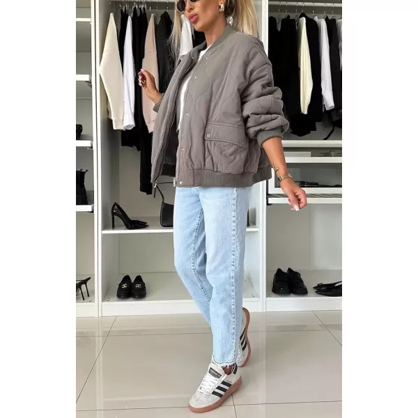 chouyatou Womens Winter Oversized Quilted Bomber Jacket Boyfriend Padded Puffer Jacket Down CoatGrey