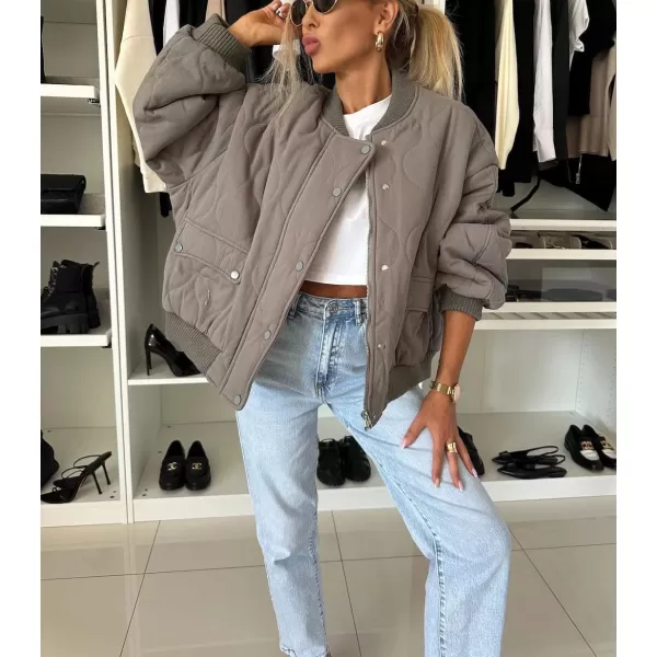 chouyatou Womens Winter Oversized Quilted Bomber Jacket Boyfriend Padded Puffer Jacket Down CoatGrey