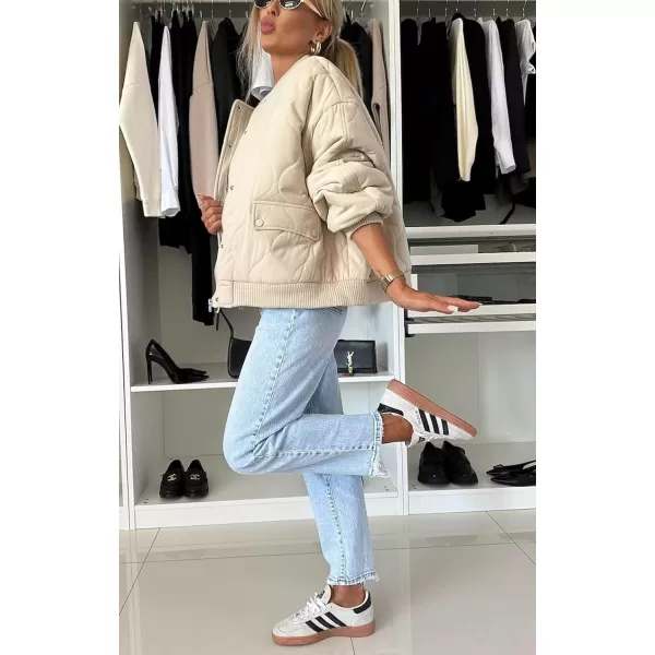 chouyatou Womens Winter Oversized Quilted Bomber Jacket Boyfriend Padded Puffer Jacket Down CoatLight Khaki