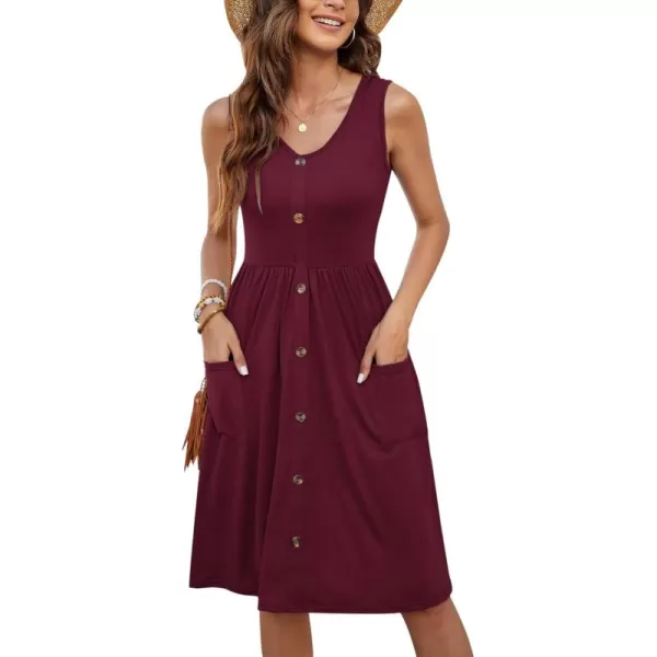 MOLERANI Women Summer Dresses Sleeveless Casual Loose Swing Button Down Midi Dress with Pockets01wine Red