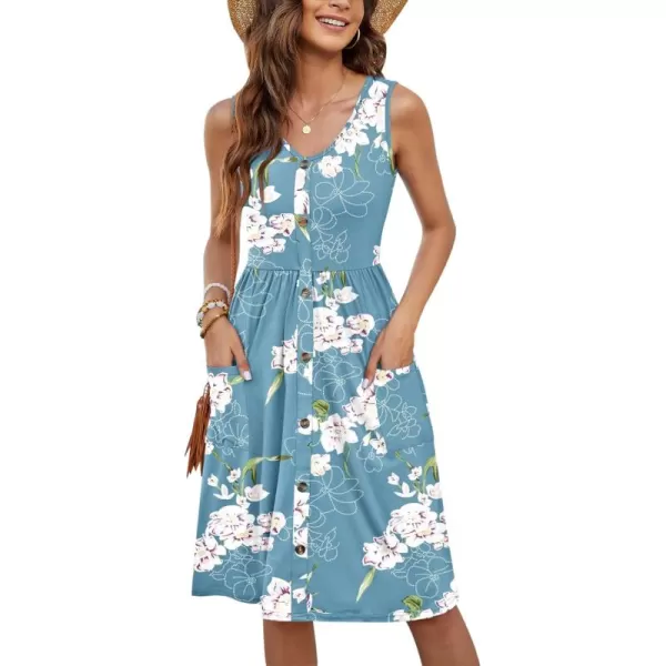 MOLERANI Women Summer Dresses Sleeveless Casual Loose Swing Button Down Midi Dress with Pockets02floral Light Blue