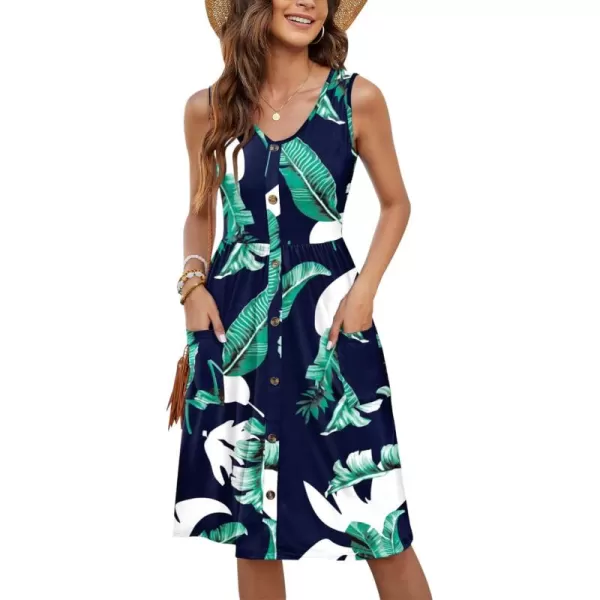 MOLERANI Women Summer Dresses Sleeveless Casual Loose Swing Button Down Midi Dress with Pockets02print Blue