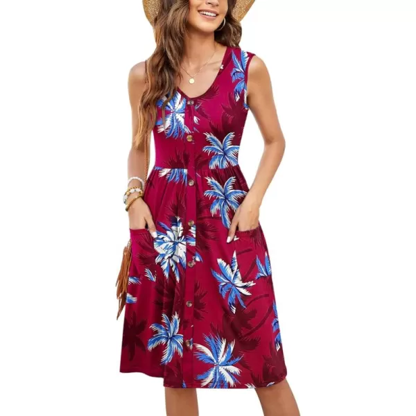 MOLERANI Women Summer Dresses Sleeveless Casual Loose Swing Button Down Midi Dress with Pockets02wine Coconut Tree