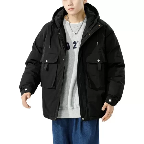chouyatou Mens Outdoor Hooded Down Puffer Jacket Casual Big Pocket Parka Winter JacketsBlack