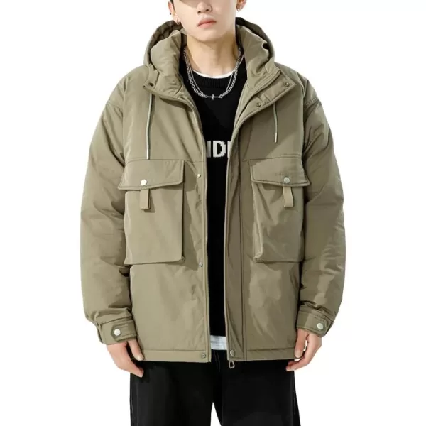 chouyatou Mens Outdoor Hooded Down Puffer Jacket Casual Big Pocket Parka Winter JacketsGreen