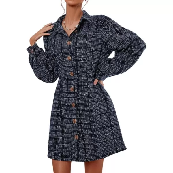chouyatou Womens Elegant Casual Business Tweed Plaid Blazer Suit Dress Lantern Sleeve Office Mini DressDark Blue