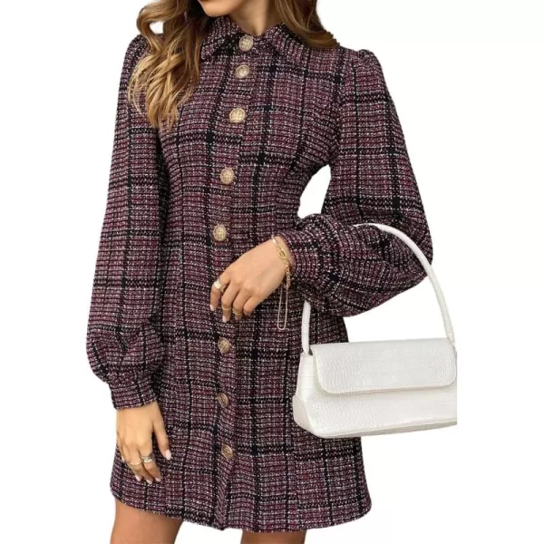 chouyatou Womens Elegant Casual Business Tweed Plaid Blazer Suit Dress Lantern Sleeve Office Mini DressRed
