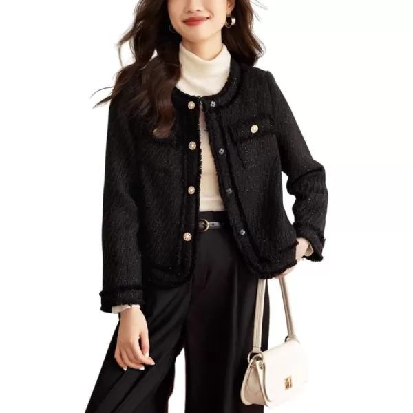 chouyatou Womens Fall Business Casual Tweed Jacket Button Down Slim Fit Office Work Blazer CoatBlack