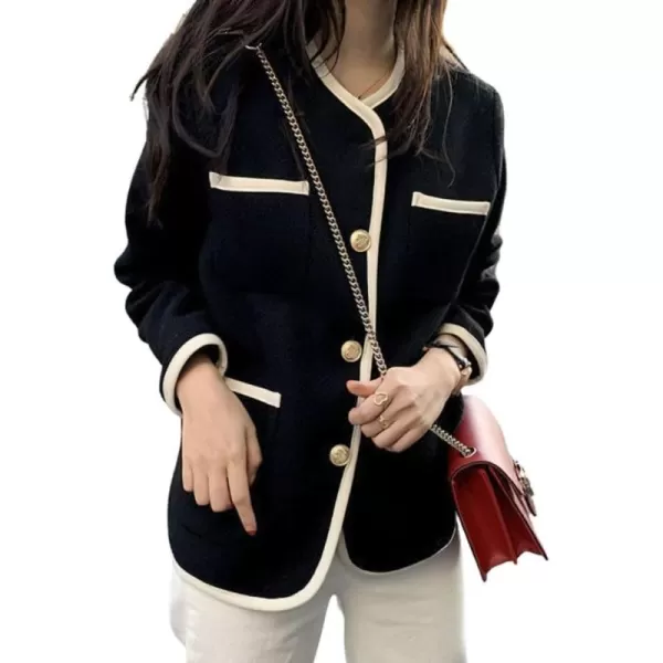 chouyatou Womens Fall Elegant Business Casual Tweed Blazer Jacket Dressy Collarless Open Front Suit TopBlack