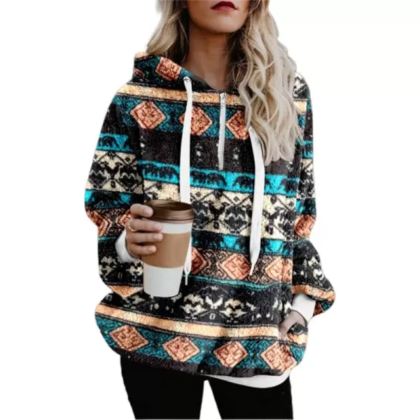 chouyatou Womens Warm Half Zip Tribal Aztec Printed Hooded Fuzzy Fleece Hoodie SweatshirtBrown