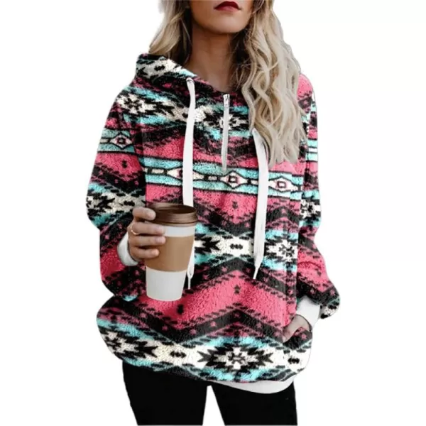 chouyatou Womens Warm Half Zip Tribal Aztec Printed Hooded Fuzzy Fleece Hoodie SweatshirtRed