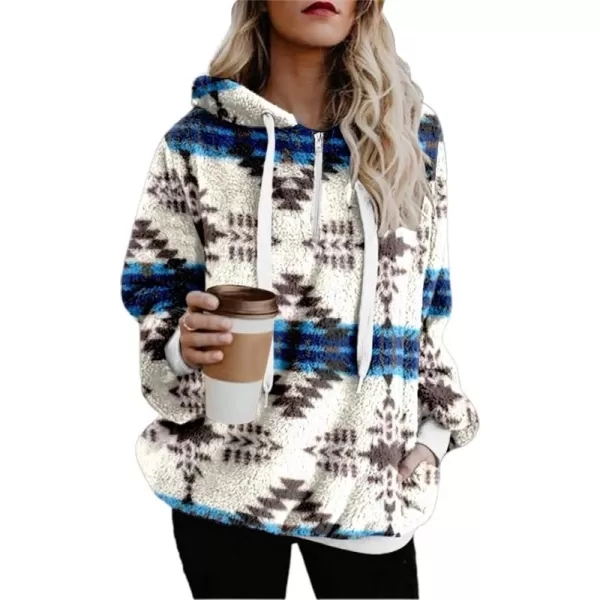 chouyatou Womens Warm Half Zip Tribal Aztec Printed Hooded Fuzzy Fleece Hoodie SweatshirtWhite