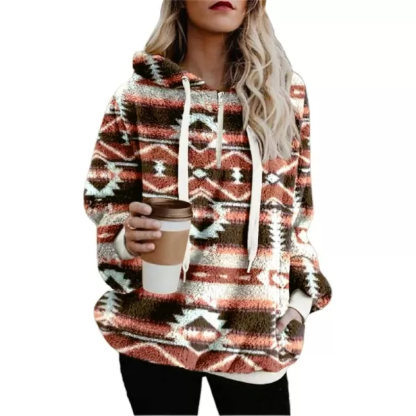 chouyatou Womens Warm Half Zip Tribal Aztec Printed Hooded Fuzzy Fleece Hoodie SweatshirtWine Red