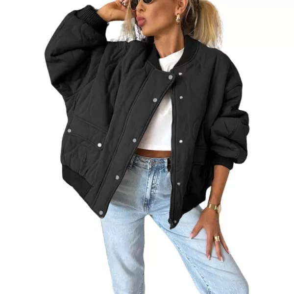 chouyatou Womens Winter Oversized Quilted Bomber Jacket Boyfriend Padded Puffer Jacket Down CoatBlack