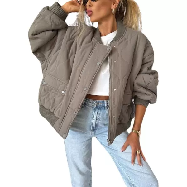 chouyatou Womens Winter Oversized Quilted Bomber Jacket Boyfriend Padded Puffer Jacket Down CoatGrey