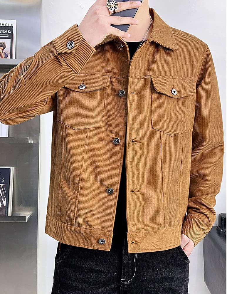 chouyatou Mens Spring Fall Vintage Casual Work Wear Lightweight Corduroy JacketBrown