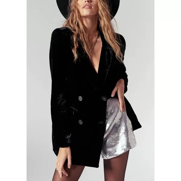 chouyatou Womens Business Velvet Blazer Jacket Button Down Notch Lapel Office Work Shackets CoatBlack