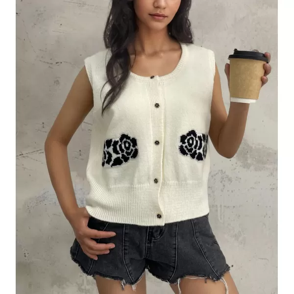 chouyatou Womens Button Down Sleeveless Sweater Vest Vintage Flower Pattern Knit Vest TopsBeige