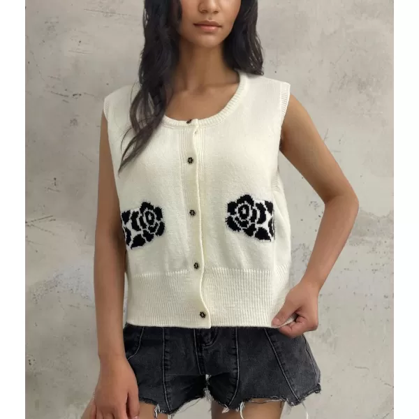 chouyatou Womens Button Down Sleeveless Sweater Vest Vintage Flower Pattern Knit Vest TopsBeige