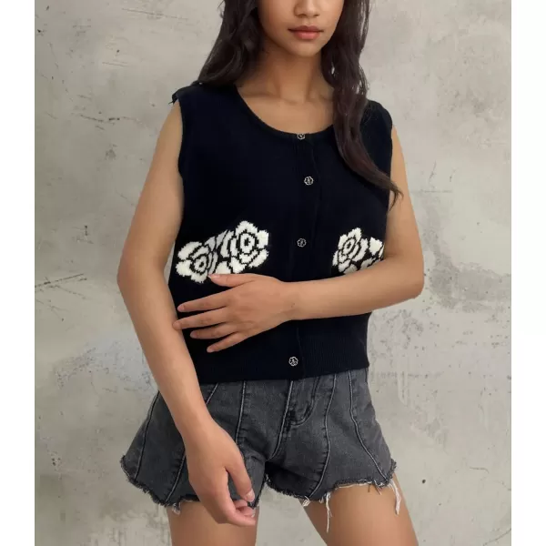 chouyatou Womens Button Down Sleeveless Sweater Vest Vintage Flower Pattern Knit Vest TopsBlack