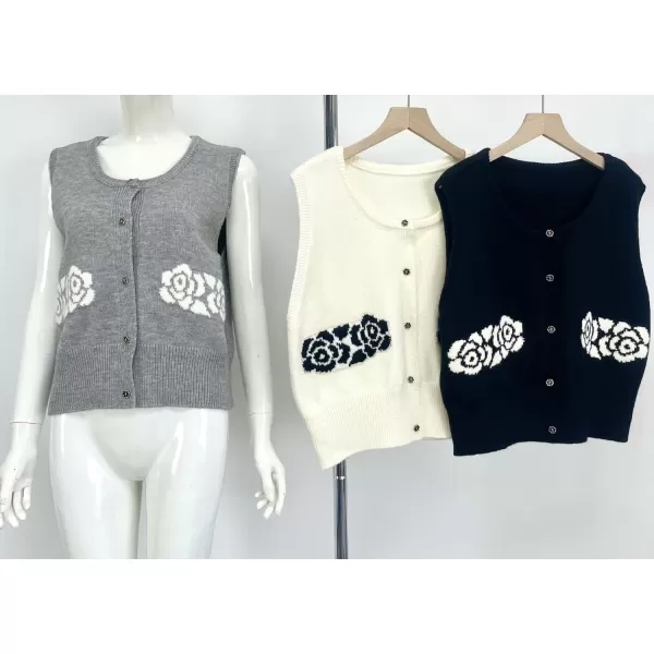 chouyatou Womens Button Down Sleeveless Sweater Vest Vintage Flower Pattern Knit Vest TopsBlack
