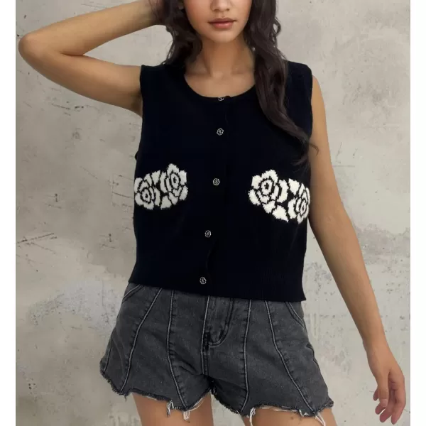 chouyatou Womens Button Down Sleeveless Sweater Vest Vintage Flower Pattern Knit Vest TopsBlack