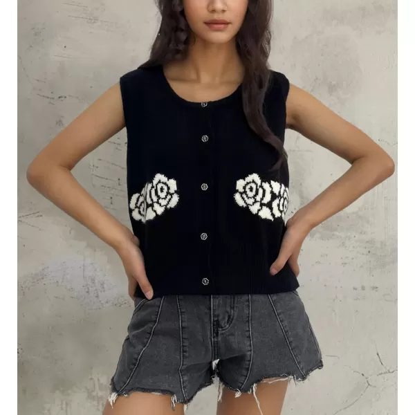 chouyatou Womens Button Down Sleeveless Sweater Vest Vintage Flower Pattern Knit Vest TopsBlack