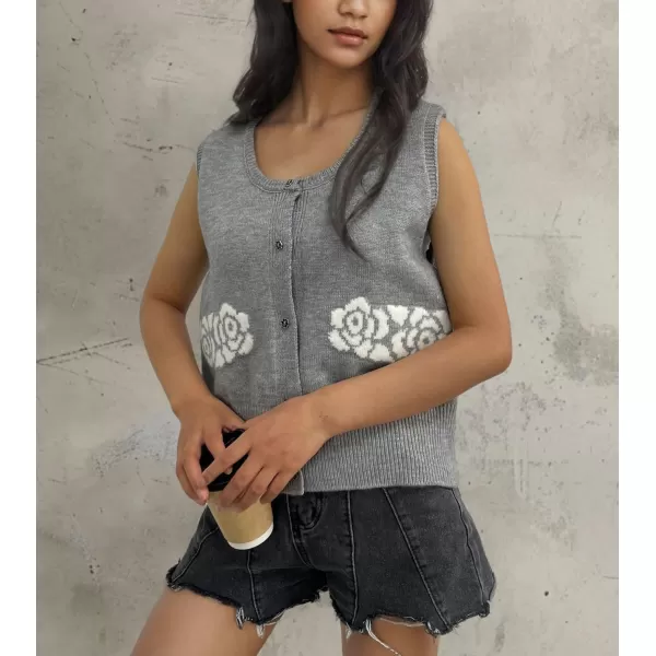 chouyatou Womens Button Down Sleeveless Sweater Vest Vintage Flower Pattern Knit Vest TopsGray