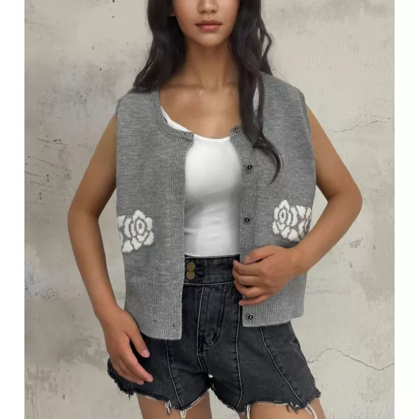 chouyatou Womens Button Down Sleeveless Sweater Vest Vintage Flower Pattern Knit Vest TopsGray